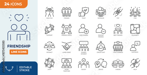 Friendshhip icon set. Contain icons related to friends, relationship, socialize, cheers, support, trust, and more. Editable stroke. Vector illustration