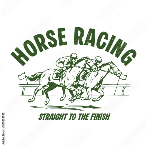  A classic hand-drawn vintage illustration of a jockey riding a horse during a race. Featuring distressed textures, bold typography, and a retro yellow and charcoal color palette. Perfect for t-shirt