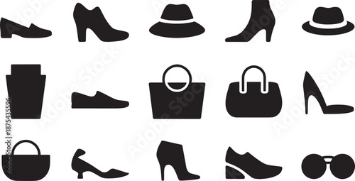 Black Silhouettes of Shoes, Hats, Bags and and Accessories on White Background