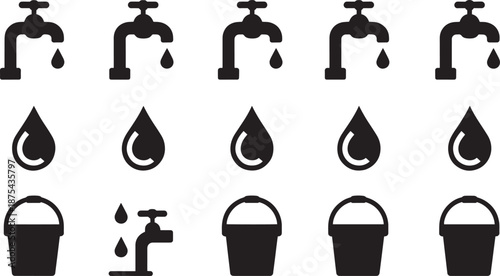 Black Water Faucet and Bucket Icons on White Background