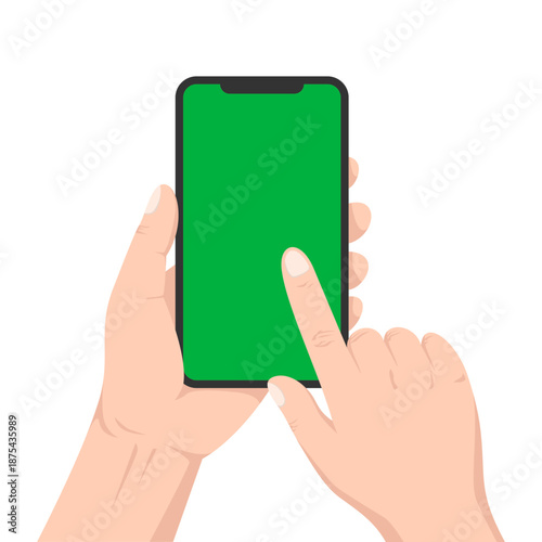 Hands holding smartphone green screen flat vector illustration isolated mobile phone touching screen gesture copy space mockup for app development and digital advertising template interface.