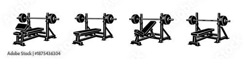 Gym equipment vector icons set with weights, bench press, fitness symbols