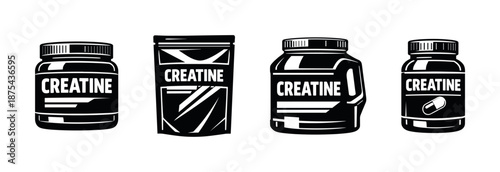 Creatine supplements vector icons set: containers, bottles, health, fitness symbols