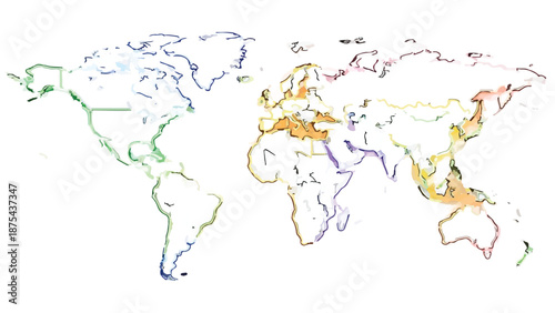 Colorful World Map Outline with Regional Highlights