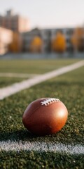 American football on green field at sunrise with blurred background