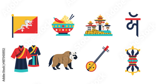 Bhutanese cultural icons including flag, traditional clothing, food, architecture, and symbols