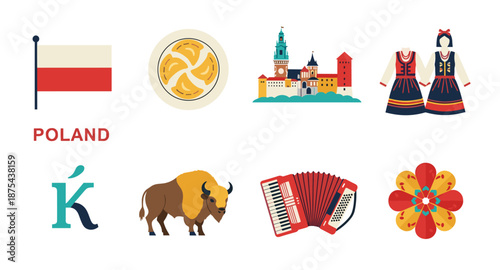 Poland travel icons: flag, pierogi, castle, traditional clothing, bison, accordion