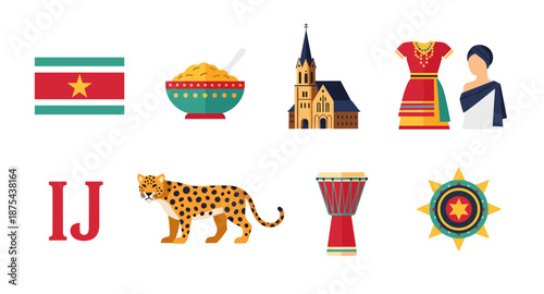 Suriname culture and symbols flat illustration set with flag, food, church, clothing, jaguar, drum