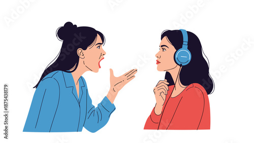 One woman angrily yells at another woman who is calmly listening to music on her headphones, ignoring the conflict.