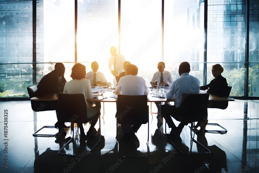 Obraz premium Council members collaborate around a sleek table in a professional, policy-focused studio setting.
