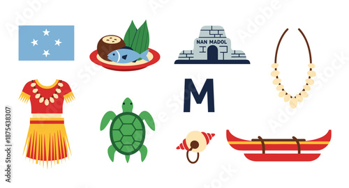 Micronesia cultural icons and symbols collection, travel and heritage