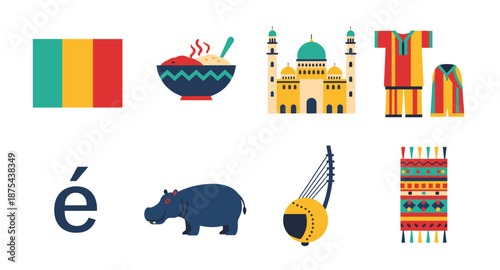 Collection of African cultural icons and symbols on a white background