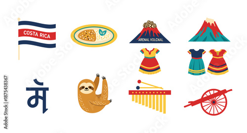 Costa Rica Icons: Flag, Food, Volcano, Sloth, Music, and Traditional Clothing