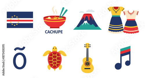 Cape Verde Icons: Flag, Food, Volcano, Dresses, Letter, Turtle, Guitar, Music Note