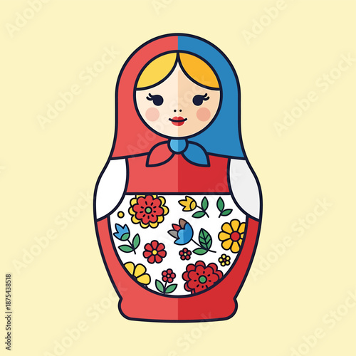 A colorful illustration of a traditional Russian matryoshka doll with floral patterns on a simple background from a frontal viewpoint