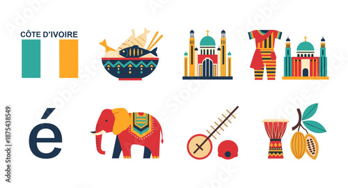 Côte d'Ivoire cultural symbols and landmarks in a flat design illustration