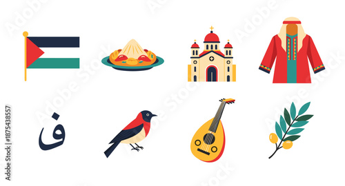 Palestine cultural symbols flat design icons set