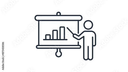 Business Presentation Icon: Person Standing by Flip Chart with Bar Graph