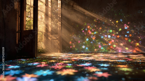 Surreal image of sunbeams in a dark room with glowing rainbow-colored dust particles