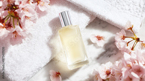 Detail of a luxury spring beauty bottle and cherry blossoms on a soft fabric background