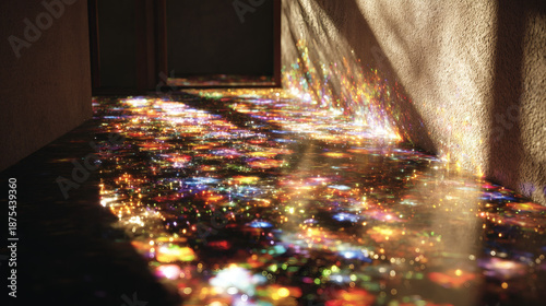 Conceptual shot of sunbeams and glowing floral particles in a minimalist interior
