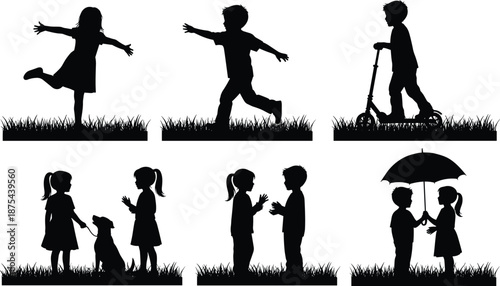 Children silhouettes playing outdoors illustration showing friendship games scooter umbrella dog playful childhood moments vector art design for stock usage