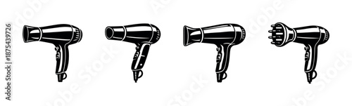 Hair dryers vector icons set, styling tools, blow dryers, hair care essentials