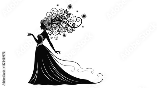 Elegant black silhouette of a graceful woman in a long, flowing evening gown with fantastical, swirling hair with stars.