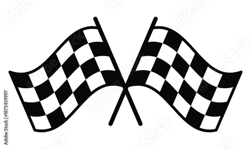 Waving checkered racing flags crossed, dynamic motorsport finish line symbol for race competitions, speed themed posters and event branding