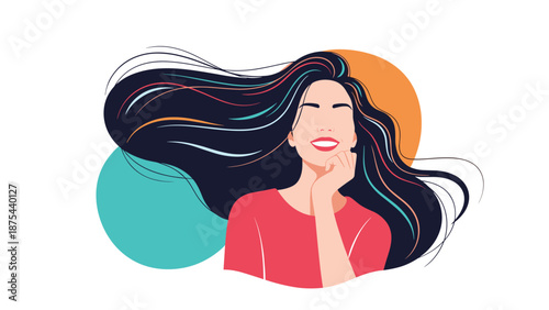 Portrait of a happy, smiling young woman with long, flowing dark hair, against a background of colorful abstract circles.