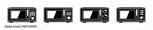 Microwave appliances vector icons set, kitchen electronics, black and white illustrations