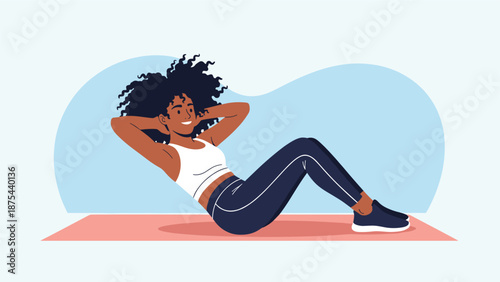 Smiling black woman with curly hair doing crunches on a yoga mat as part of her home fitness and exercise routine.