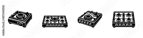 Gas stove vector icons set: kitchen appliances in solid black style