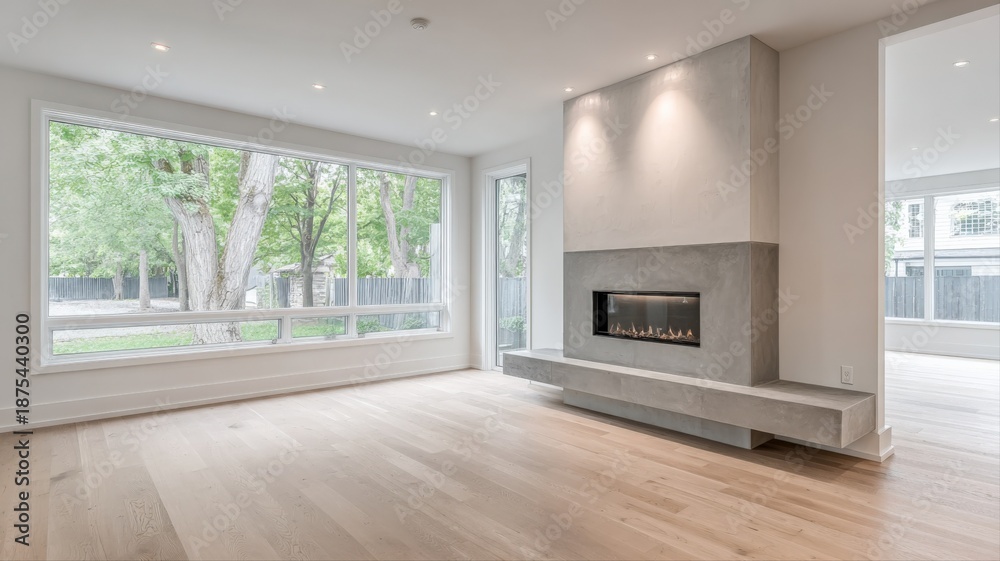 Naklejka premium Modern Living Room Interior with Fireplace and Large Window Overlooking Greenery