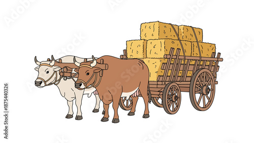 Two oxen pulling a wooden cart loaded with hay bales