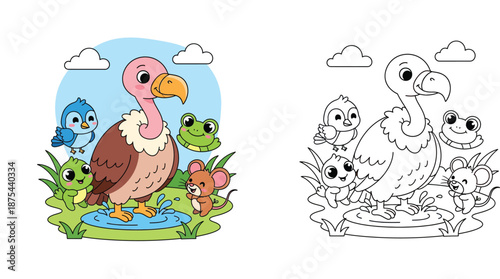 Cute cartoon vulture standing in puddle surrounded by animal friends including mouse frog bird and turtle, vector illustration of happy nature scene for children.