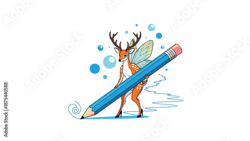 Whimsical cartoon character of a deer with fairy wings and high heels, drawing a swirl with a giant blue pencil.