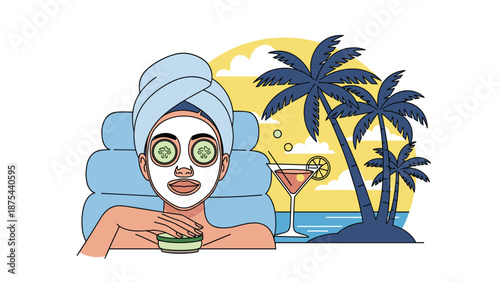 Woman enjoying a spa day with a face mask and cucumbers on her eyes, relaxing in a tropical beach setting.