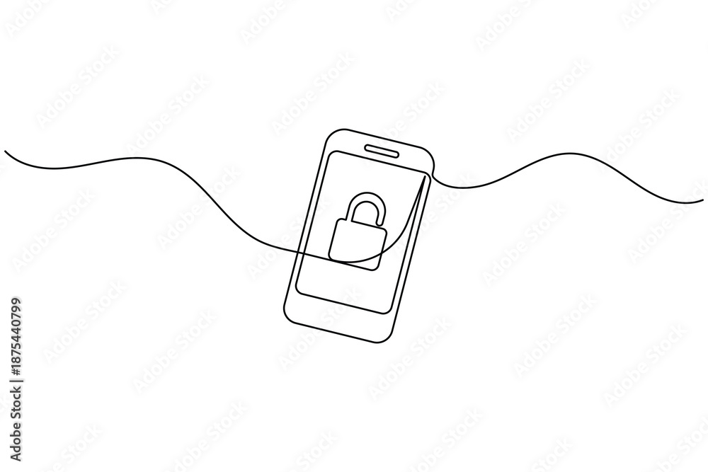 Obraz premium Smartphone cybersecurity one line drawing mobile security lock vector