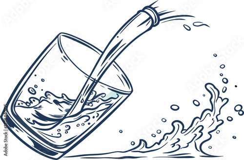 A fresh splash of clear liquid pours into a transparent glass of cold water creating cool blue bubbles and wet droplets isolated on a white background