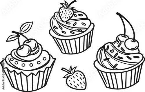 Delicious vector set of cute birthday cupcakes and chocolate cakes with pink strawberry icing, cherry toppings, and sweet bakery cream for a dessert celebration illustration