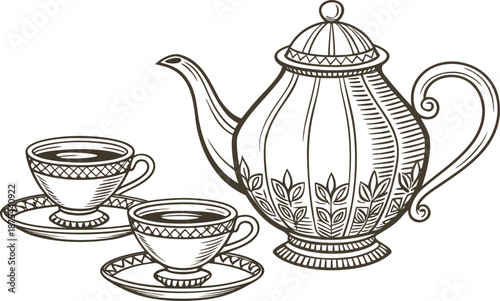 A traditional white porcelain teapot and ceramic cups are isolated on a background as a hot breakfast beverage object for kitchen culture