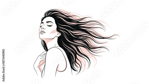 Line art portrait of a beautiful young woman with her eyes closed and long, dark hair blowing gracefully in the wind.