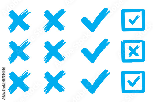 Check tick mark icon set, hand drawn doodle red cross box x check mark green checkbox v