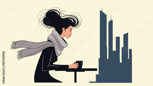 Stylish woman with hair blowing in the wind, wearing a scarf and holding a coffee cup against a city skyline.