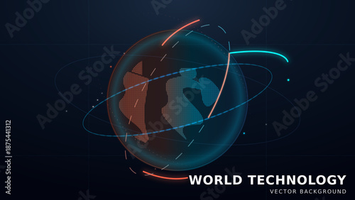 Abstract digital technology background featuring a glowing globe with futuristic orbital rings and data particles.