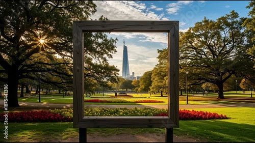 Framed view of skyscraper in park landscape daytime