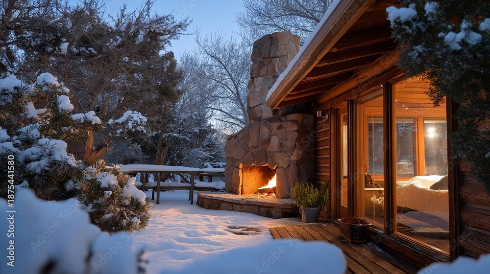 Fototapeta premium Snow-covered cabin exterior paired with a warm fireplace inside, contrasting cold winter nature with interior safety, rest, and tranquility. cinematic color correction, natural uneven lighting yet