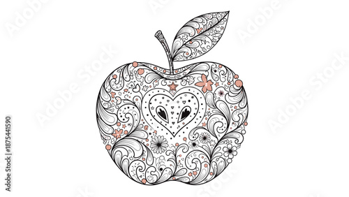 Intricate, hand-drawn zentangle apple with a heart and an owl face inside, decorated with delicate floral patterns.