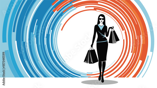 Silhouette of a chic woman holding shopping bags and walking against a colorful, abstract circular-patterned background.